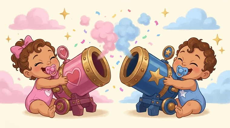 De två tecknade bebisarna kramar sina rosa och blå kanoner och skrattar